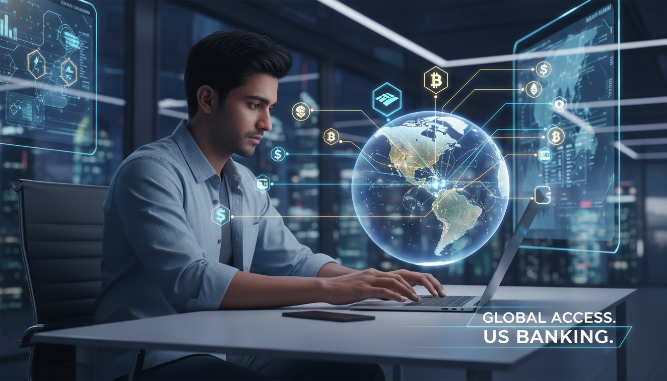 A sleek, modern image depicting a non-resident entrepreneur, possibly a person with diverse ethnicity, working remotely on a laptop, with digital lines connecting them to various financial symbols (bank logos, currency icons) across a digital world map. Focus on the concept of global, remote access to US banking. Digital art, tech-focused, global connections.
