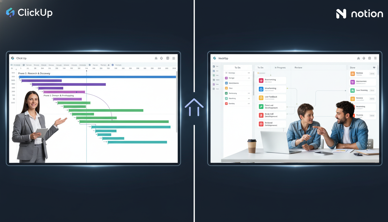 A dynamic split-screen image illustrating project management. On one side, represent ClickUp with a clear, structured Gantt chart, showing task dependencies and timelines, with a project manager confidently overseeing. On the other side, represent Notion with a more fluid, interconnected Kanban board or a custom database view of tasks, highlighting flexibility and a collaborative, less rigid approach. Use modern, clean UI elements for both, symbolizing efficiency and choice.