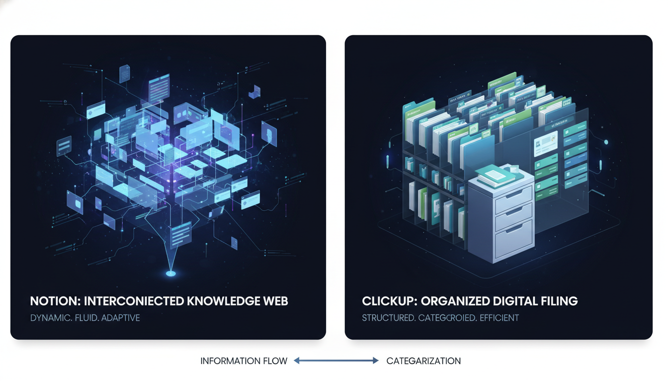 A conceptual digital illustration comparing knowledge management. On one side, depict Notion as a vast, interconnected web of documents, pages, and blocks, representing a dynamic 'organizational brain' or wiki, with glowing connections between ideas. On the other side, depict ClickUp with structured documents clearly organized within folders and tasks, resembling a well-maintained digital filing system. Emphasize seamless access and information flow in Notion versus clear categorization in ClickUp.