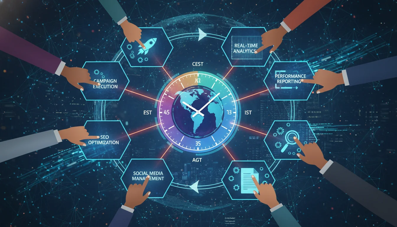 A dynamic illustration of continuous, 24/7 global digital marketing operations. Show a clock face with different time zones highlighted, and digital screens displaying various marketing tasks (e.g., campaign execution, analytics, reporting) being worked on by different hands representing teams across the globe, seamlessly transitioning work. Convey efficiency, automation, and continuous productivity.