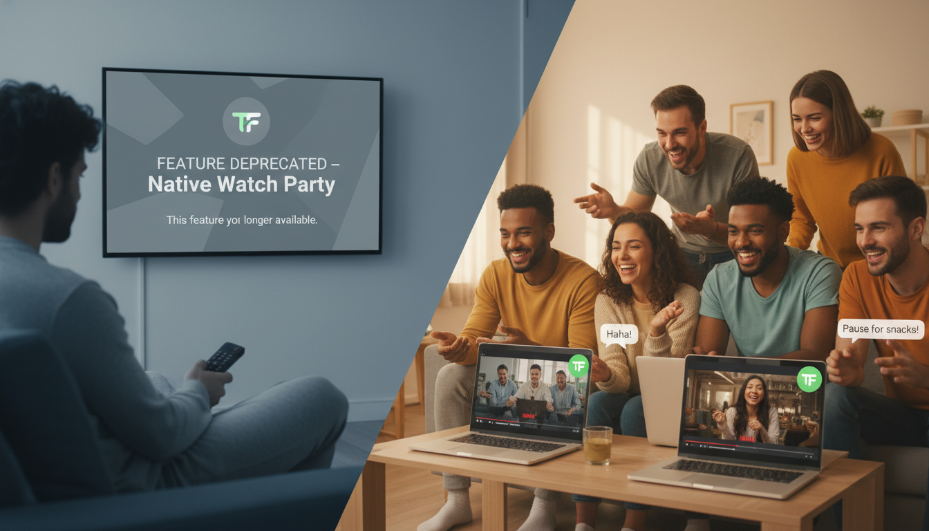 A split image or montage showing on one side, a disappointed person looking at an empty screen or a 'feature deprecated' message, representing the retreat of native watch party features. On the other side, a group of diverse individuals happily using a browser extension with a small, stylized icon (like Teleparty or Flickcall) on their computer screens to watch a movie together, showcasing the rise of third-party solutions. Modern, clean aesthetic, focus on user interaction.