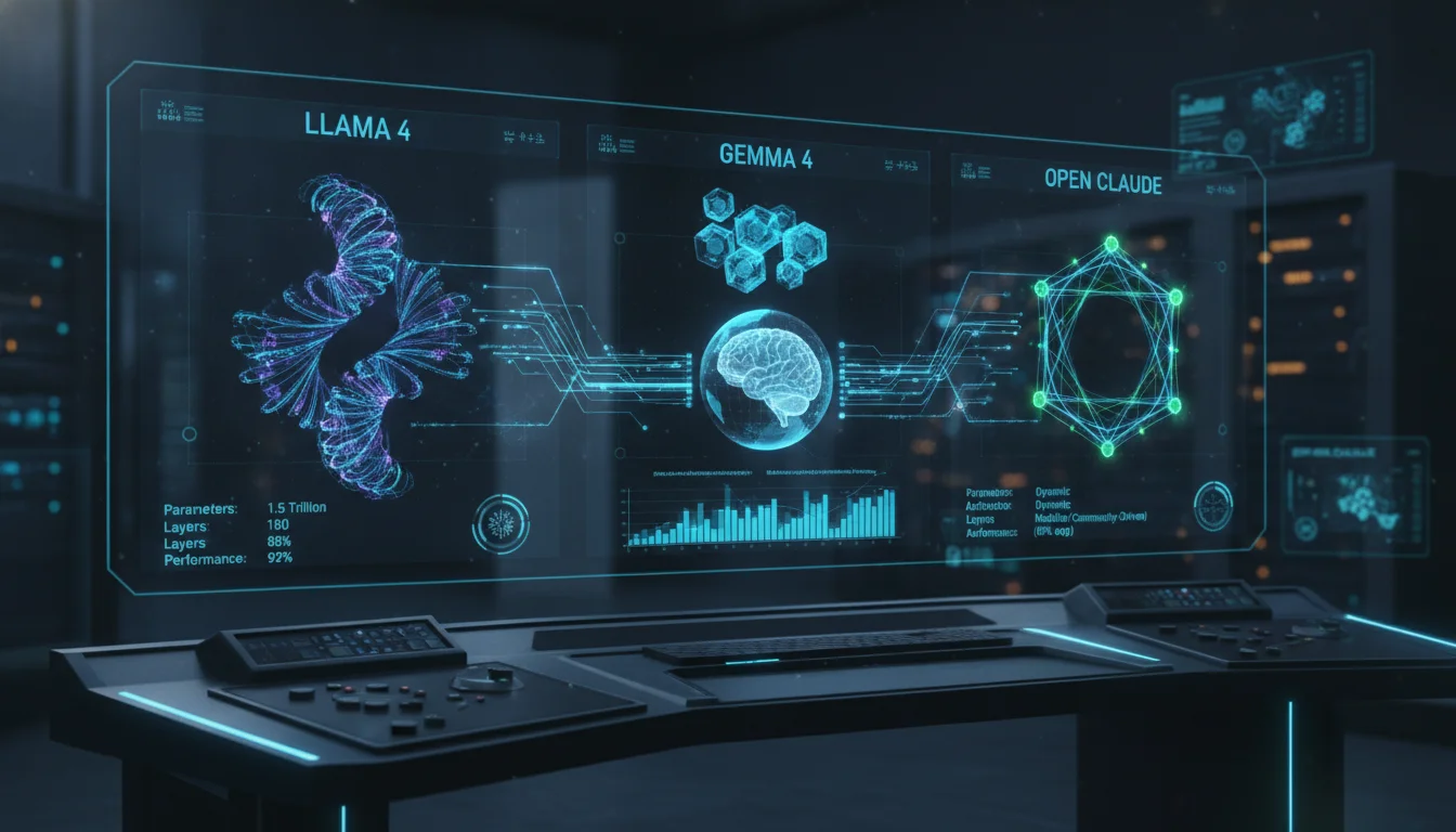 A futuristic digital dashboard comparing complex neural network architectures of Llama 4 and Gemma 4 against a decentralized 'Open Claude' symbol, featuring glowing data streams and a high-tech laboratory aesthetic in blue and neon accents.