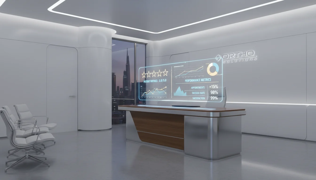 A sleek, modern orthodontic office interior with a digital dashboard hovering over a professional desk showing glowing five-star ratings and data charts. High-tech healthcare aesthetic, professional lighting, photorealistic 8k quality.