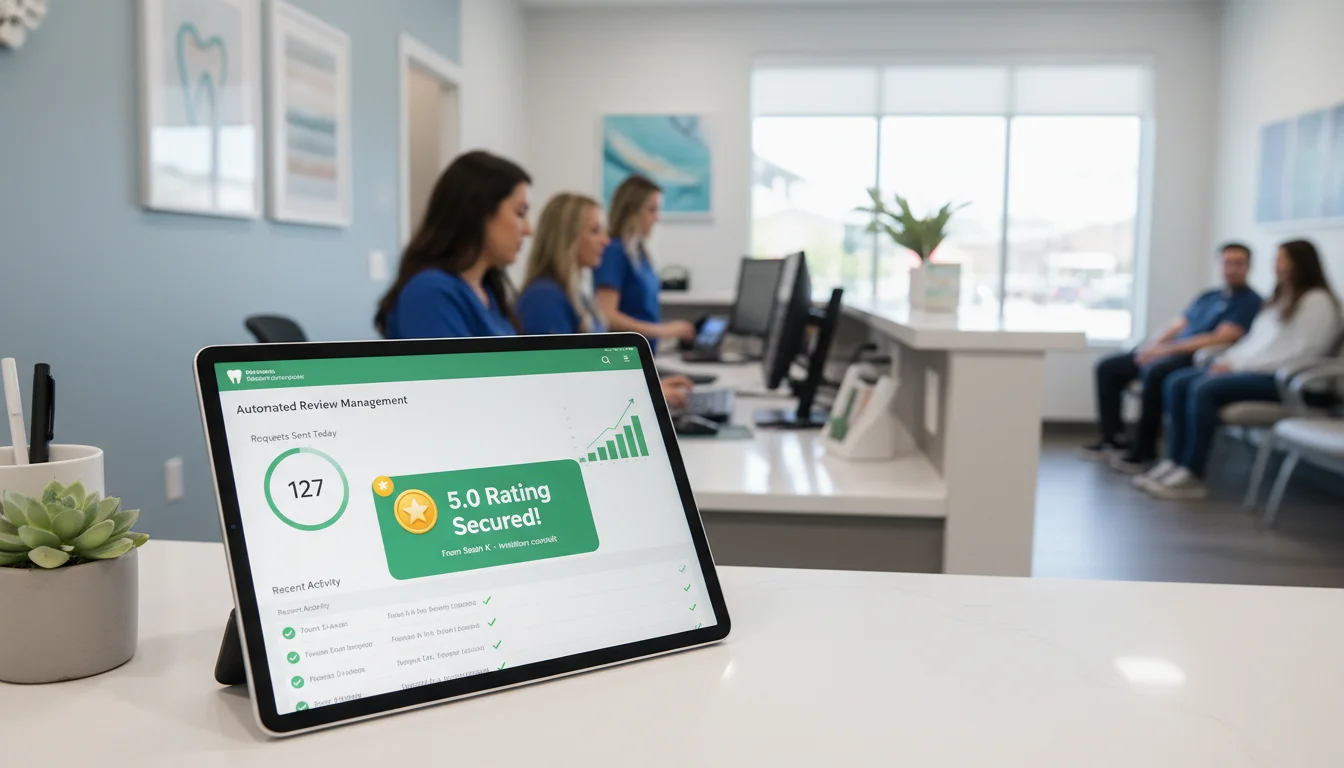 A busy orthodontic front desk in the background, out of focus, while in the sharp foreground a high-tech tablet displays a dashboard showing automated review requests being sent and a notification '5.0 Rating Secured!'. Professional, clean dental aesthetic, photorealistic, 8k.