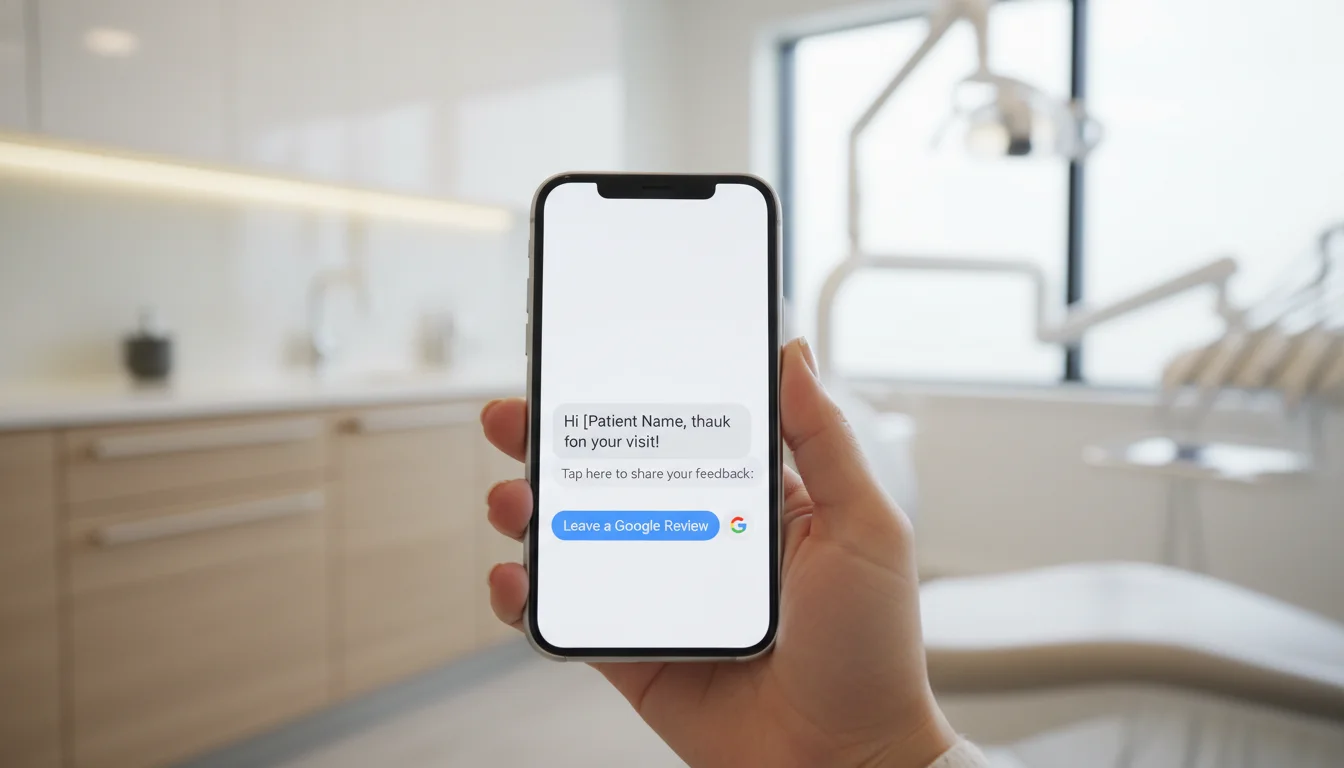 A close-up shot of a person's hand holding a sleek smartphone inside a bright, modern dental office. The phone screen shows a text message with a one-tap link to leave a Google review. Warm, natural lighting, high-end healthcare environment, 8k resolution.