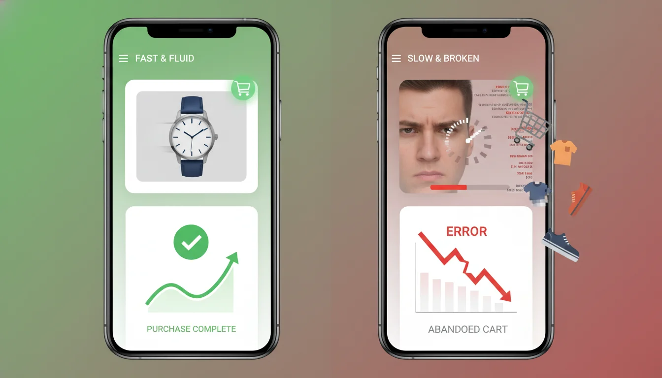 A striking side-by-side comparison of two mobile e-commerce experiences. On one side, a fluid, fast-loading mobile interface where a user effortlessly adds items to a cart and completes a purchase, depicted with a green checkmark and upward trend lines. On the other side, a slow, buffering mobile interface with a frustrated user, a shopping cart with items spilling out, and visible 'abandoned' or 'error' indicators. Use contrasting vibrant and muted colors to emphasize the 'fast vs. slow' and 'success vs. failure' narrative. Modern, sleek smartphone screens.