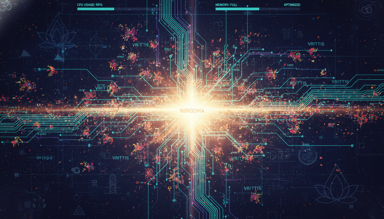 An abstract visual representation of a human mind as a complex computer operating system, with chaotic, colorful 'vrittis' (mental fluctuations) appearing as digital 'bugs' or 'malware' consuming resources. A glowing, serene light represents 'nirodha' (stilling), showing the system being debugged and optimized, achieving clarity and efficiency. Modern tech aesthetics with ancient spiritual symbols subtly integrated.