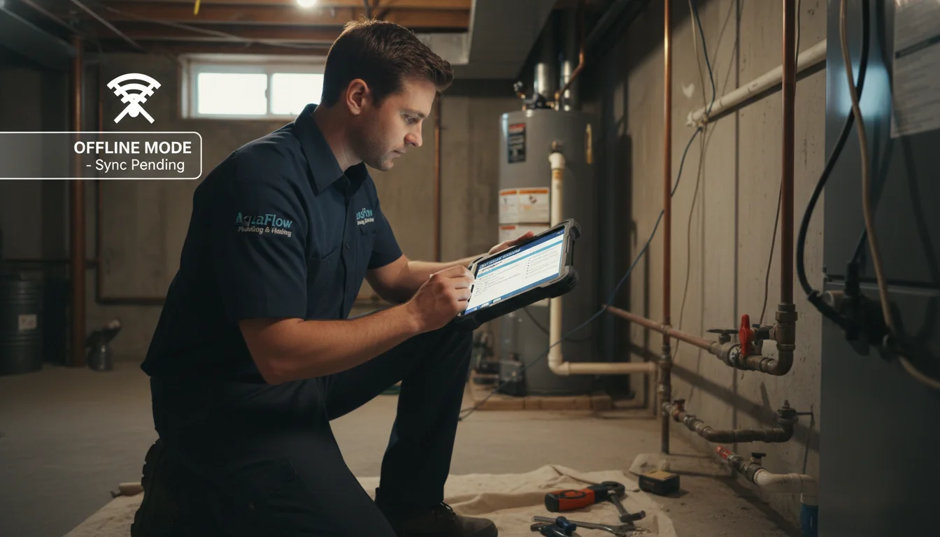 A professional plumber technician in uniform, actively using a ruggedized tablet or smartphone to manage a work order. The setting is a real-world plumbing job site, possibly a residential basement or a commercial utility room, illustrating both connectivity challenges and the necessity of mobile tools for on-site quoting, invoicing, and documentation. The image should convey efficiency and the integration of technology into hands-on work, possibly with a subtle hint of an offline mode UI if possible without being too literal.