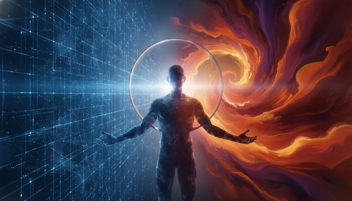 A conceptual digital art piece illustrating the synthesis of two worlds: on one side, a rigid, blue geometric grid representing objective scientific data; on the other, a fluid, vibrant swirl of warm colors representing human perception and subjectivity, merging seamlessly in the center where a human silhouette stands contemplating a glowing lens.