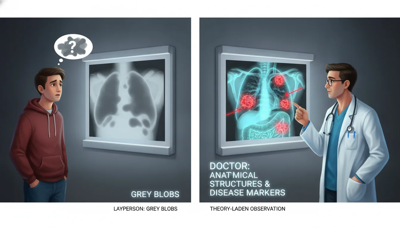 A split-screen digital illustration: on the left, a layperson looks at a medical X-ray seeing only grey blobs; on the right, a doctor looks at the same X-ray but sees glowing anatomical structures and highlighted disease markers, illustrating the concept of theory-laden observation.