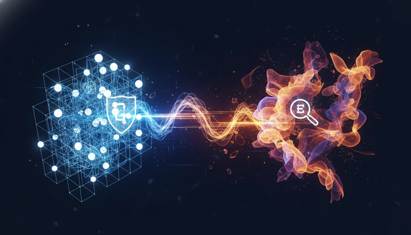 An abstract, modern visual representing two contrasting data architectural philosophies. On one side, a structured, interconnected grid of glowing data points symbolizing centralized semantic modeling and strict governance. On the other, a free-flowing, dynamic, and organic cloud of luminous data shapes symbolizing freeform exploration and discovery. The visual should use clean lines and a futuristic aesthetic, with subtle glowing elements to highlight data flow, in a 2026 style.