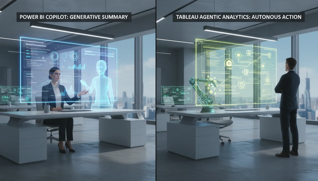 A side-by-side comparison of two distinct AI approaches in a sleek, futuristic office setting. On the left, a human analyst collaborates with a glowing, helpful AI assistant displayed on a transparent screen, showing a generative summary of data (representing Power BI's Copilot). On the right, an autonomous AI agent, depicted as a sophisticated holographic interface or a subtle robotic arm, actively executing tasks and making decisions in the background, with data streams flowing into external systems, while a human observes strategically (representing Tableau's Agentic Analytics). Emphasize the difference between human-assisted intelligence and autonomous action, with a clean, 2026 aesthetic.