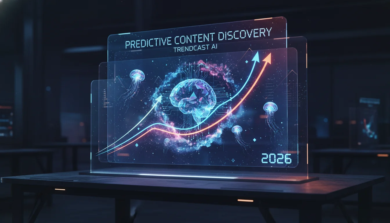Futuristic digital interface showing trend lines emerging from data, with an AI brain or abstract digital entity at the center. Neon colors, holographic elements, representing predictive content discovery in 2026.