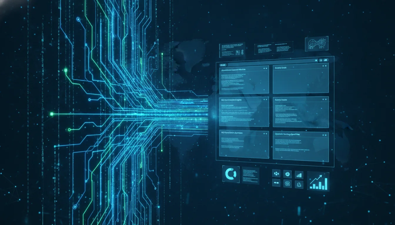 A high-tech digital visualization showing structured data streams flowing into a sleek website template grid. Futuristic dashboard aesthetic with glowing code, blue and teal color palette, representing automated content scaling and SEO architecture, professional 3D render.
