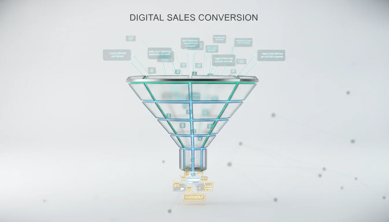 A professional 3D infographic showing a digital sales funnel. High-intent, long-tail keywords represented as glowing digital nodes falling into the narrow bottom of the funnel and emerging as conversion icons like shopping carts and credit cards. Clean corporate aesthetic with blue and emerald green accents.