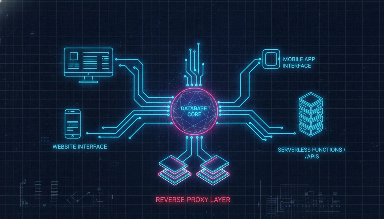 A futuristic technical illustration of a headless CMS architecture. A central database core connecting via glowing neon pipelines to various interfaces like a website, a mobile app, and a server rack. Dark background with a tech-blueprint style, representing a scalable reverse-proxy setup.