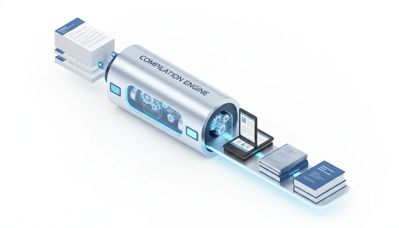 An isometric 3d illustration showing a document processing pipeline. On the left, several plain-text Markdown files with code snippets are fed into a sleek, metallic 'Compilation Engine' machine. On the right, perfectly formatted Kindle devices and professional paperback books emerge. Professional tech aesthetic, soft blue and silver color palette, clean white background.