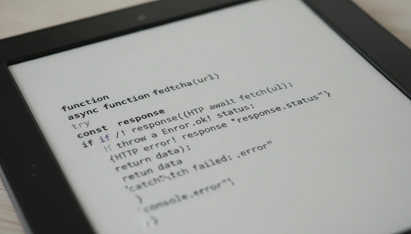A high-detail close-up shot of a Kindle Paperwhite screen in a brightly lit environment. The screen displays a complex block of Javascript code with crisp, high-contrast typography and subtle syntax highlighting. The code features proper hanging indents, demonstrating perfect legibility on an e-ink display. Minimalist professional photography style.