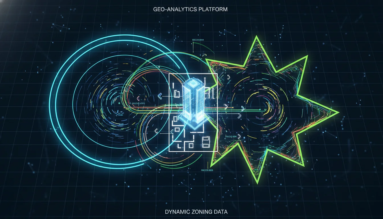 An abstract digital map with various overlapping geofence shapes. Include a circular radial geofence, an irregular polygonal geofence, and a precise, outlined plat line around a building. Show digital data flowing within and between these zones. Futuristic, clean, data visualization style.