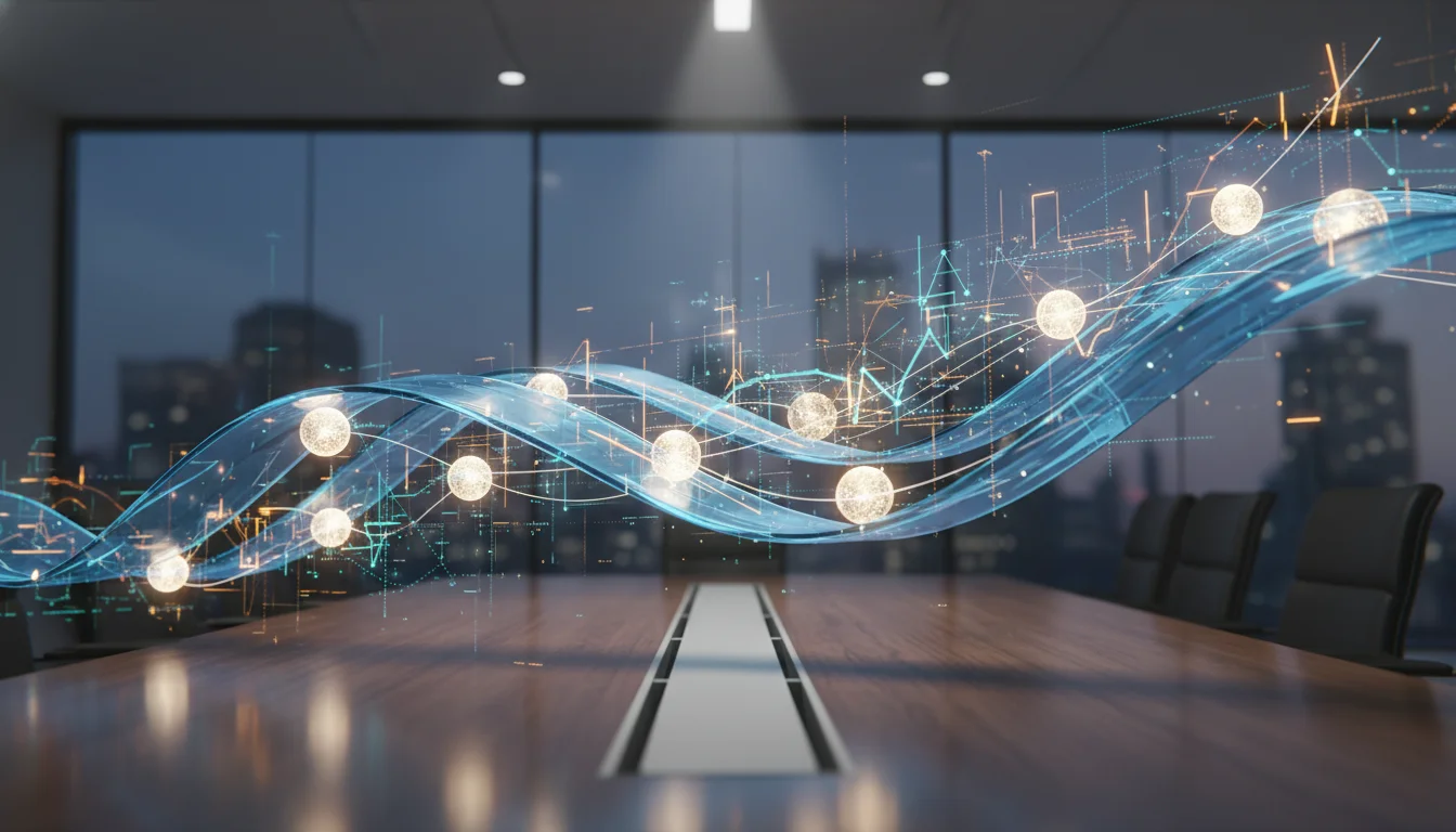 A sophisticated 3D visualization of a corporate executive pipeline, featuring translucent blue data overlays, glowing nodes of light representing leaders, and abstract mathematical graphs against a modern boardroom background. Cinematic lighting, minimalist aesthetic, hyper-realistic.