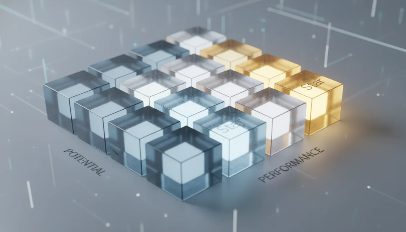 A modern 3D visualization of a 9-box talent matrix. The grid consists of frosted glass cubes with varying levels of internal light. The top-right 'Star' quadrant is highlighted with a brilliant golden glow, representing high potential and performance. Cinematic lighting with a shallow depth of field, minimalist corporate design.