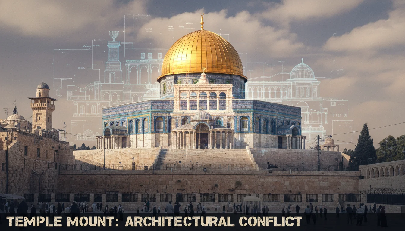 A powerful visual depicting the architectural clash on Jerusalem's Temple Mount, with the Al-Aqsa Mosque and Dome of the Rock in prominent view, subtly overlaid or juxtaposed with conceptual designs of the Third Temple, conveying tension and historical conflict.