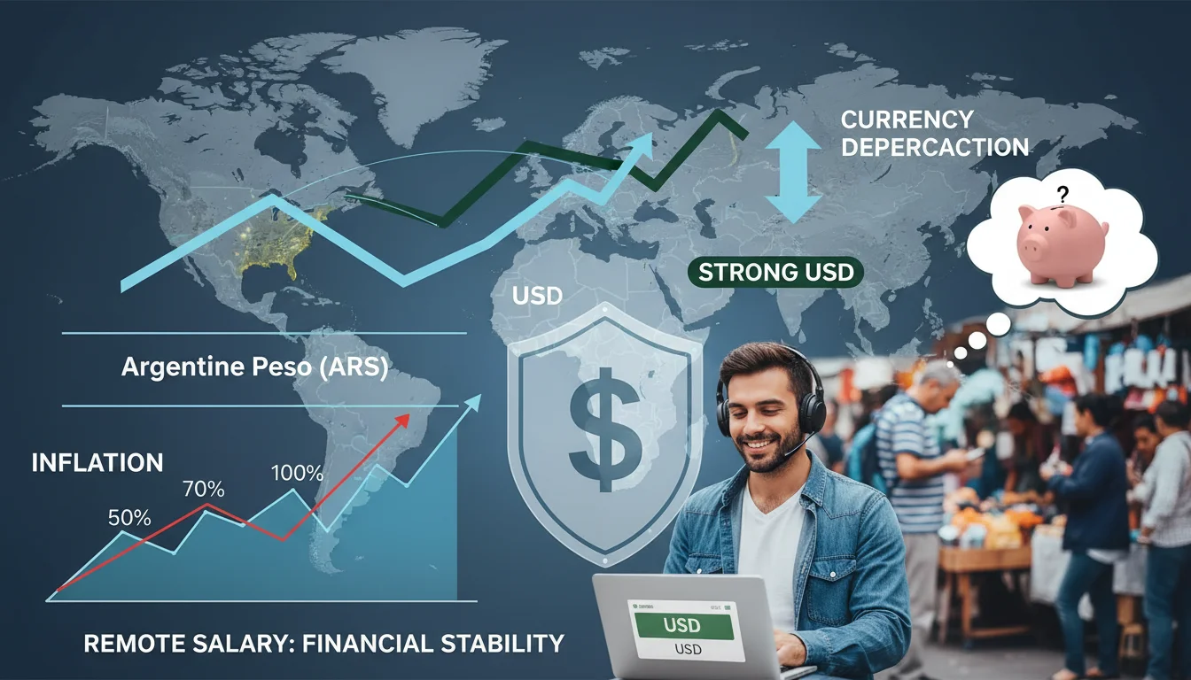 A visual representation of economic volatility in emerging markets, with local currencies (like Argentine Peso) depreciating against the strong US Dollar, showing graphs and arrows indicating inflation and currency exchange. Include elements of remote workers receiving USD salaries as a hedge, symbolizing financial stability amidst local economic shifts.