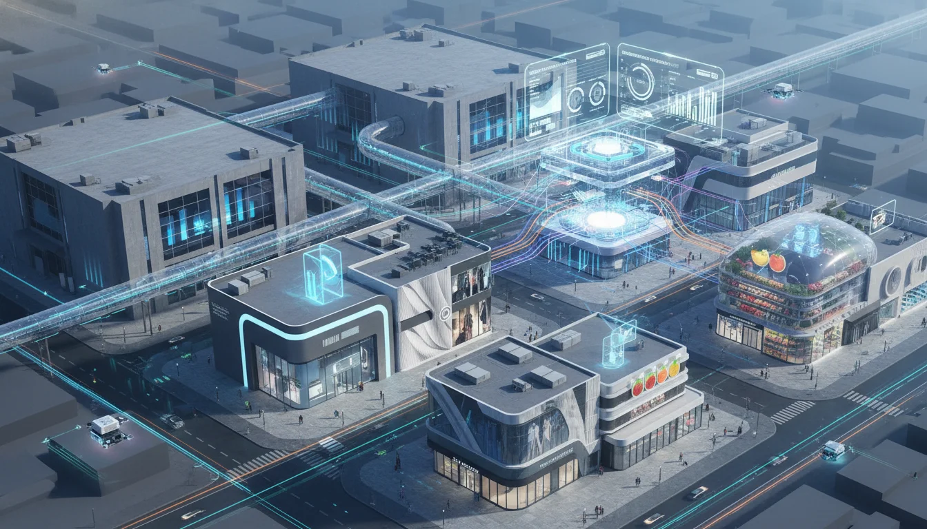 An intricate network of interconnected warehouses and diverse retail stores, featuring different product categories (e.g., apparel, electronics, food items). Digital lines and glowing data streams illustrate real-time inventory synchronization, automated replenishment orders, and fluid cross-store transfers, all managed from a central, futuristic dashboard.