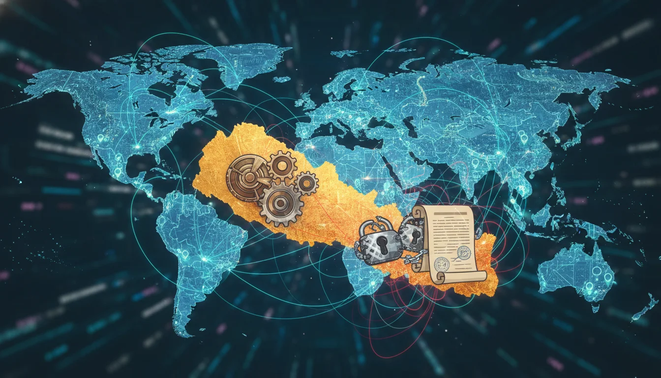 A stylized, abstract world map with prominent digital lines connecting various global retail franchise headquarters and their international stores. Nepal is visually highlighted on the map, with abstract symbols like gears, complex legal documents, and digital locks overlaid, representing the challenges of local tax regulations, compliance, and geopolitical friction for global software deployment.