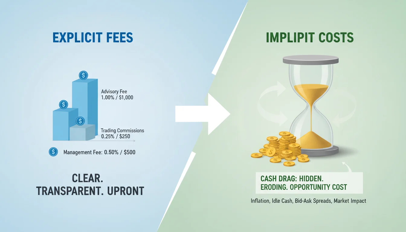 A visually compelling infographic comparing different financial fee structures. On one side, represent 'Explicit Fees' with clear percentages and dollar signs, possibly showing a tiered structure. On the other side, represent 'Implicit Costs' or 'Cash Drag' with a pile of money sitting idle or a slow-draining hourglass, emphasizing hidden costs. Use modern, clean financial graphics.