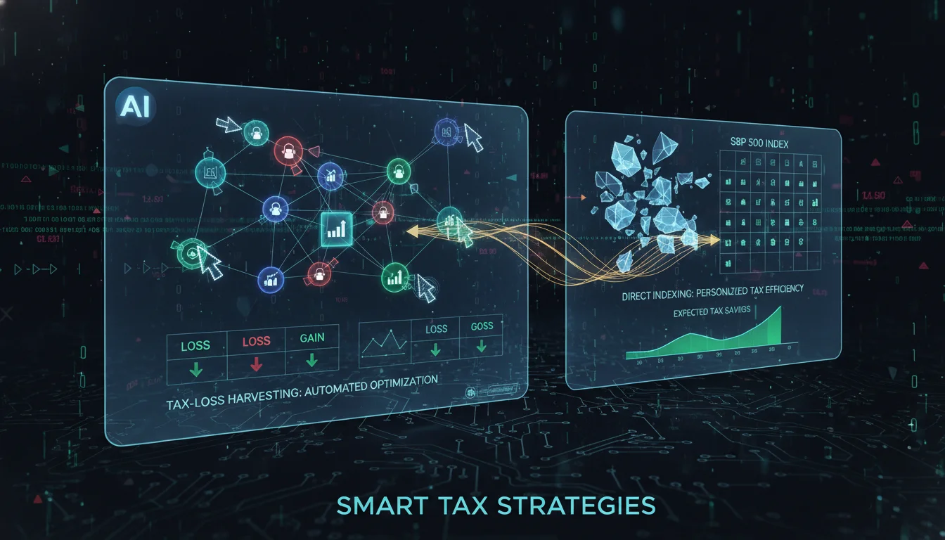 An abstract, high-tech illustration depicting 'Tax-Loss Harvesting' and 'Direct Indexing'. Show a digital interface where individual stock icons or small graphs are being strategically 'rearranged' or 'swapped' to optimize for tax benefits, with a background of glowing financial data. Emphasize smart, automated tax efficiency.