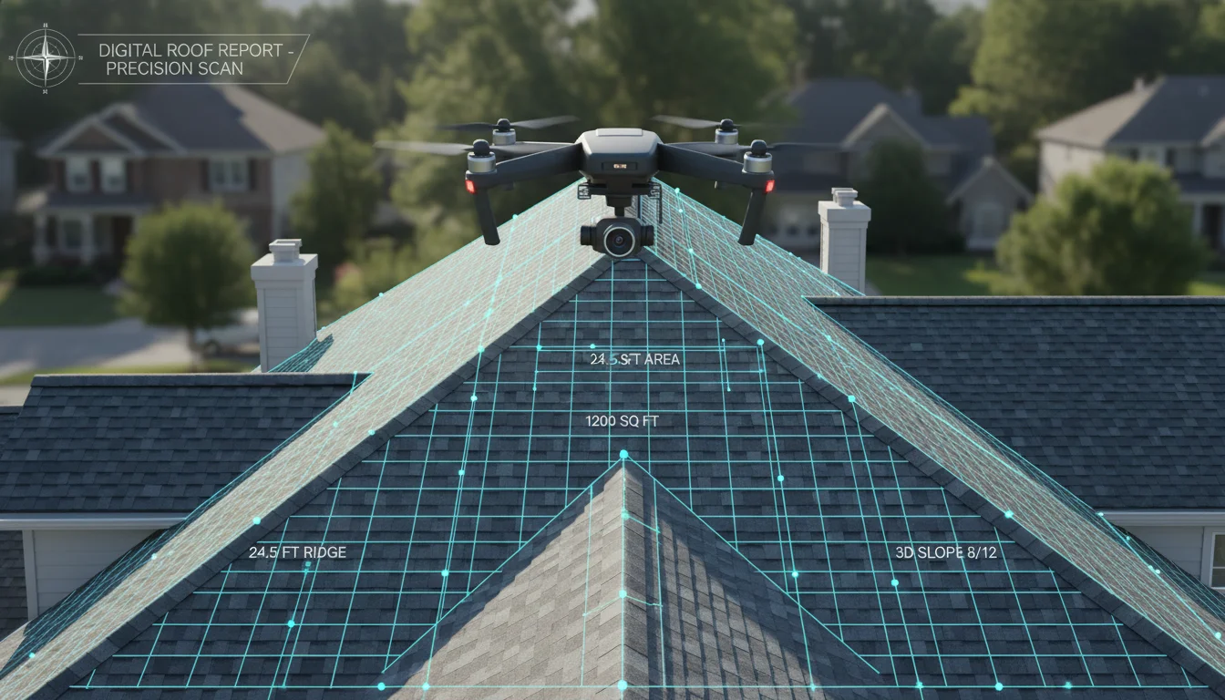 A drone flying over a residential roof, capturing high-resolution imagery for a digital measurement report, with data points and lines overlaid on the roof, emphasizing precision and technology in modern roofing estimation.