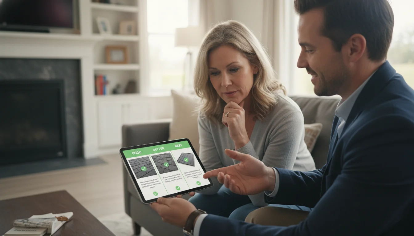 A roofing sales professional presenting a digital 'Good, Better, Best' proposal on a tablet to a homeowner, with different roofing options visually displayed side-by-side, showcasing a modern and engaging sales process in a comfortable home setting.