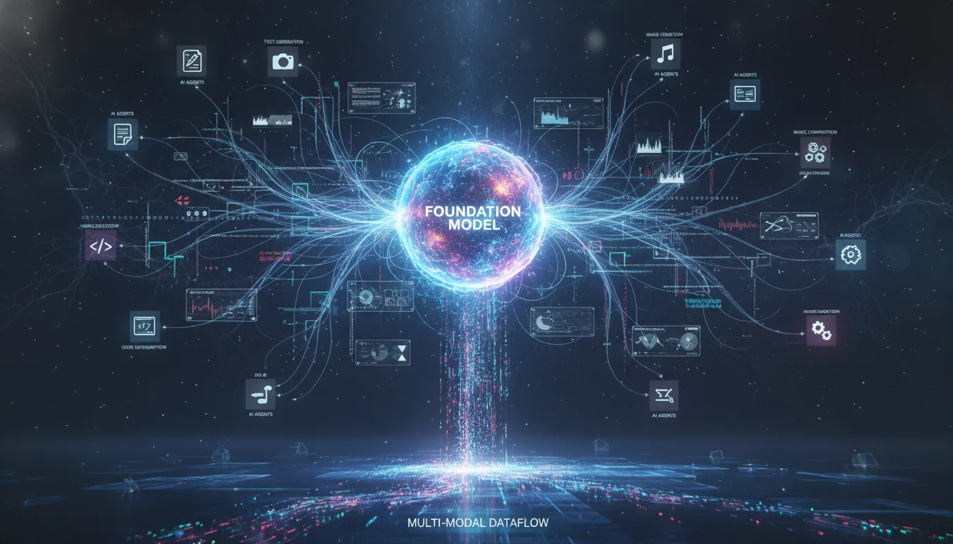 A futuristic, conceptual image representing the Generative AI era. Show a large, glowing central 'Foundation Model' (like an abstract brain or core) radiating connections to various smaller, specialized 'AI agents' performing diverse tasks. Incorporate elements of multi-modality (text, image, code icons) and data flows, emphasizing intelligent automation and advanced machine learning.