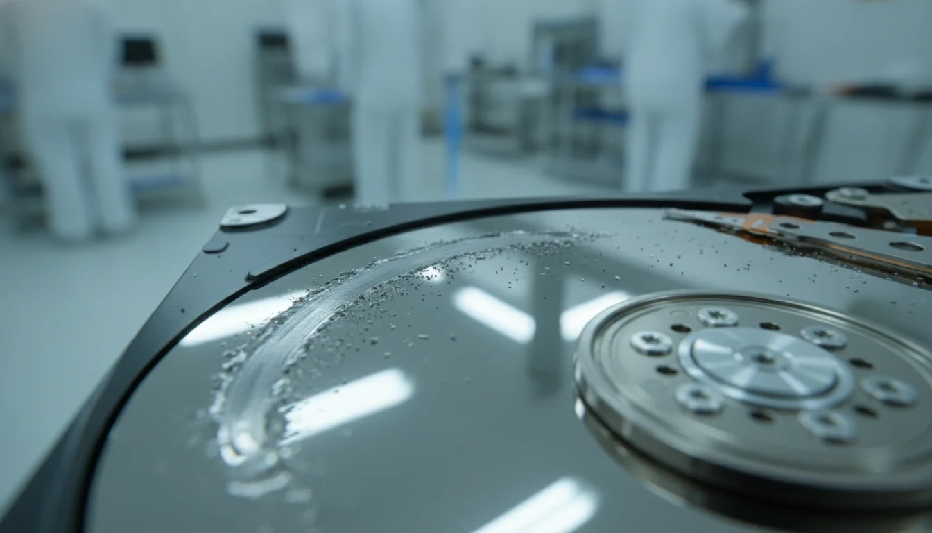 Macro photography of a damaged enterprise hard drive platter inside a cleanroom, showing a visible 'head crash' scrape across the magnetic surface with microscopic metallic debris. Shot with shallow depth of field, cool laboratory lighting, 8k resolution, technical focus.