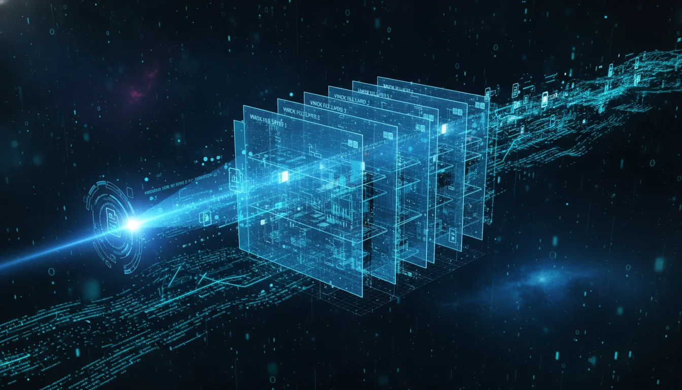 A conceptual digital 3D visualization of nested virtualized server layers (VMware VMDK files) being scanned by a glowing blue forensic light, representing data extraction from a virtual machine file system. High-tech aesthetic, dark background with cyan data streams, cinematic lighting.