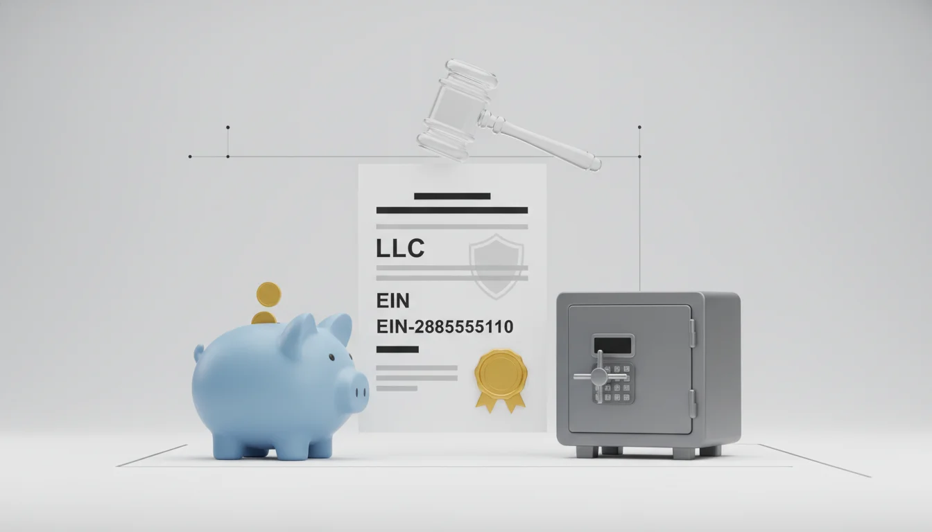 A visual representation of business formalization: a stylized document with 'LLC' or 'EIN' on it, securely placed between a personal piggy bank and a professional business safe, symbolizing the separation of personal and business finances. Emphasize a sense of structure and legal protection. Modern, clean design.