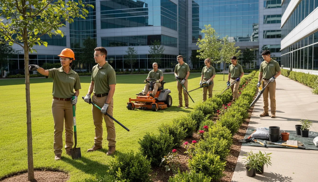 A diverse and professional landscaping crew, uniformly dressed, working efficiently and collaboratively on a commercial property. One team member could be guiding another or pointing to a task, symbolizing training and teamwork. Show modern equipment in use, conveying skill and organization in a vibrant outdoor setting.