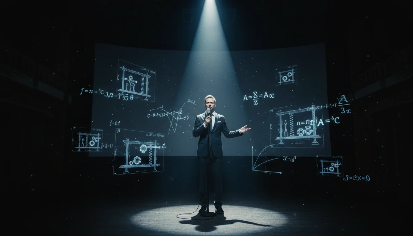 A cinematic shot of a lone stand-up comedian on a dark stage under a single bright spotlight with a vintage microphone. Faint, glowing holographic blueprints and mathematical formulas are overlaid in the air, symbolizing the architectural structure and mechanics of humor.
