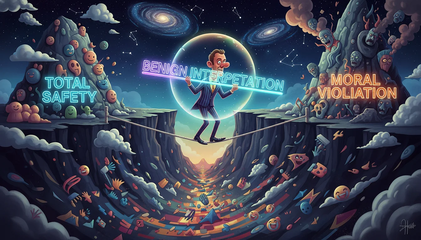 A surreal, high-contrast digital illustration of a comedian walking a tightrope across a deep canyon. One side of the canyon represents 'Total Safety' and the other 'Moral Violation'. In the comedian's hands is a balancing pole made of neon light, and they are surrounded by a faint, protective bubble representing the 'Benign Interpretation'.
