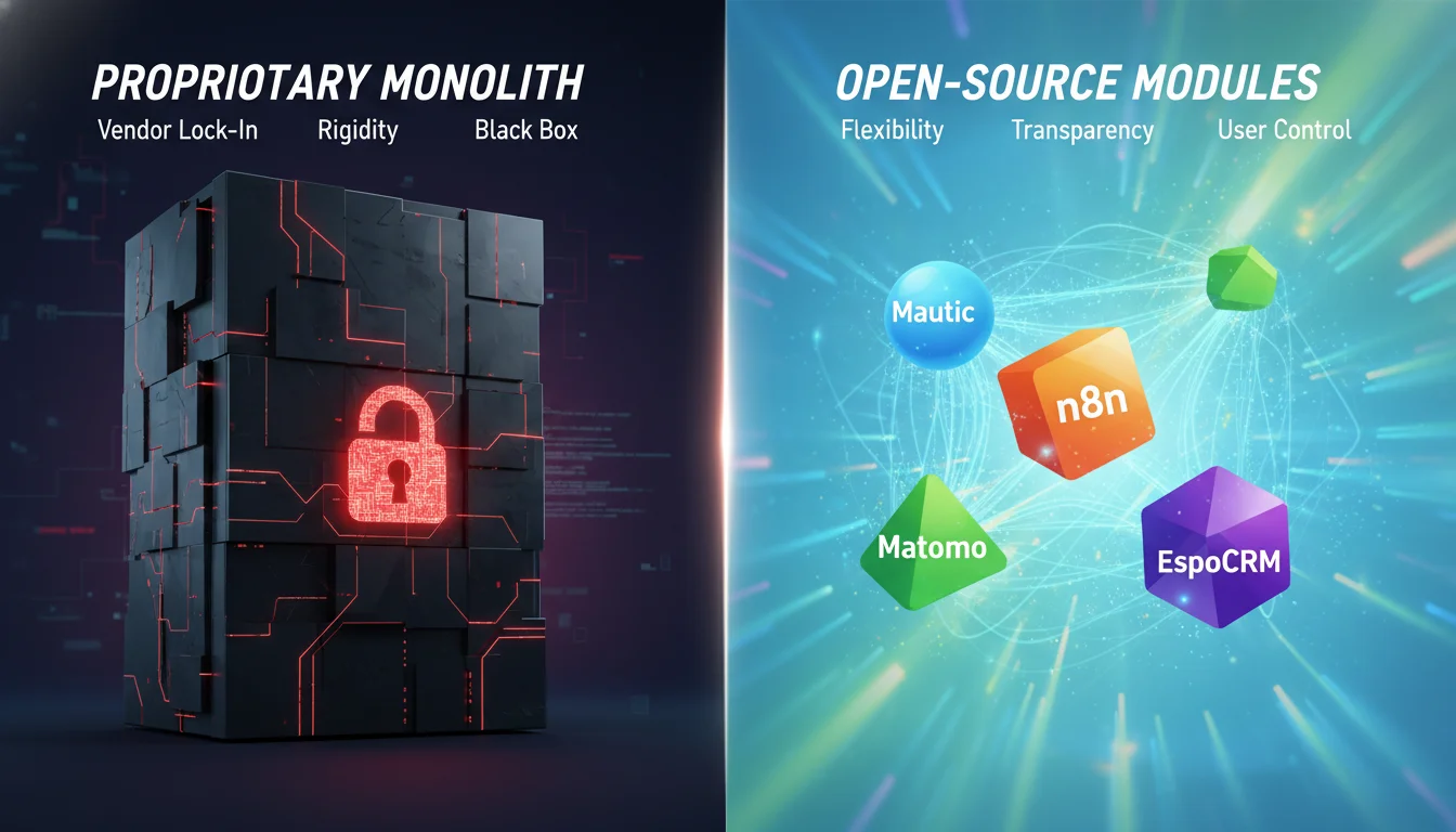 A clear visual comparison. On one side, a sprawling, complex, opaque 'proprietary monolith' structure resembling a locked black box. On the other side, a vibrant, interconnected network of distinct, brightly colored 'open-source modules' (representing Mautic, n8n, Matomo, EspoCRM), with data flowing freely between them. The open-source side should convey flexibility, transparency, and user control, while the proprietary side suggests vendor lock-in and rigidity. Futuristic, digital aesthetic.