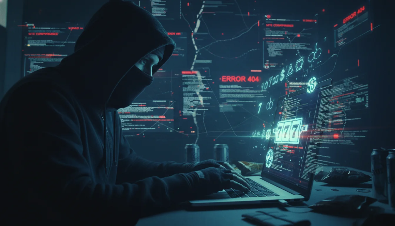 A menacing, shadowy figure in a hoodie typing malicious code on a laptop, with casino or slot machine symbols digitally overlaid on the screen. The background should be dark and hint at a compromised website with broken links, symbolizing a 'black-hat' SEO spam injection.
