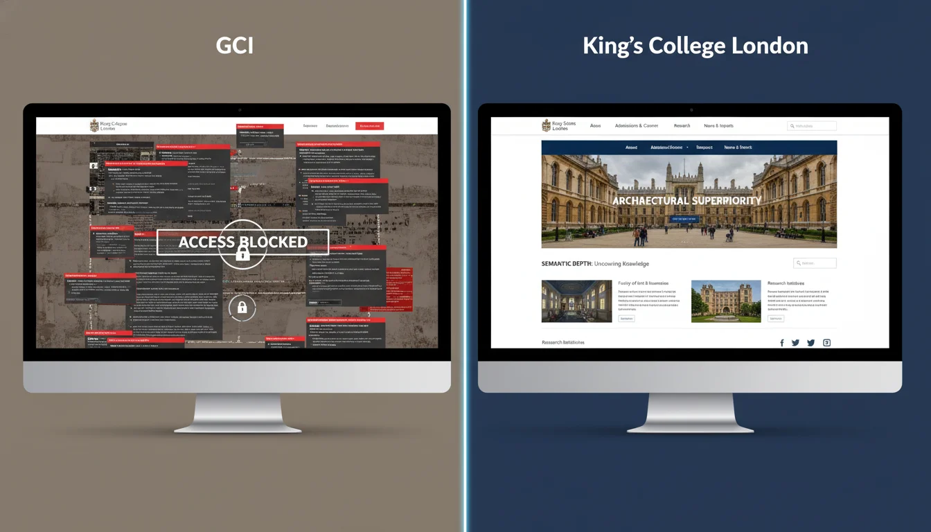A split image or side-by-side comparison of two website interfaces. One side (representing GCI) should appear cluttered, broken, or blocked with error messages, symbolizing technical deficits. The other side (representing King's College) should be clean, organized, modern, and highly optimized, featuring clear navigation and rich content, emphasizing 'architectural superiority' and 'semantic depth'.