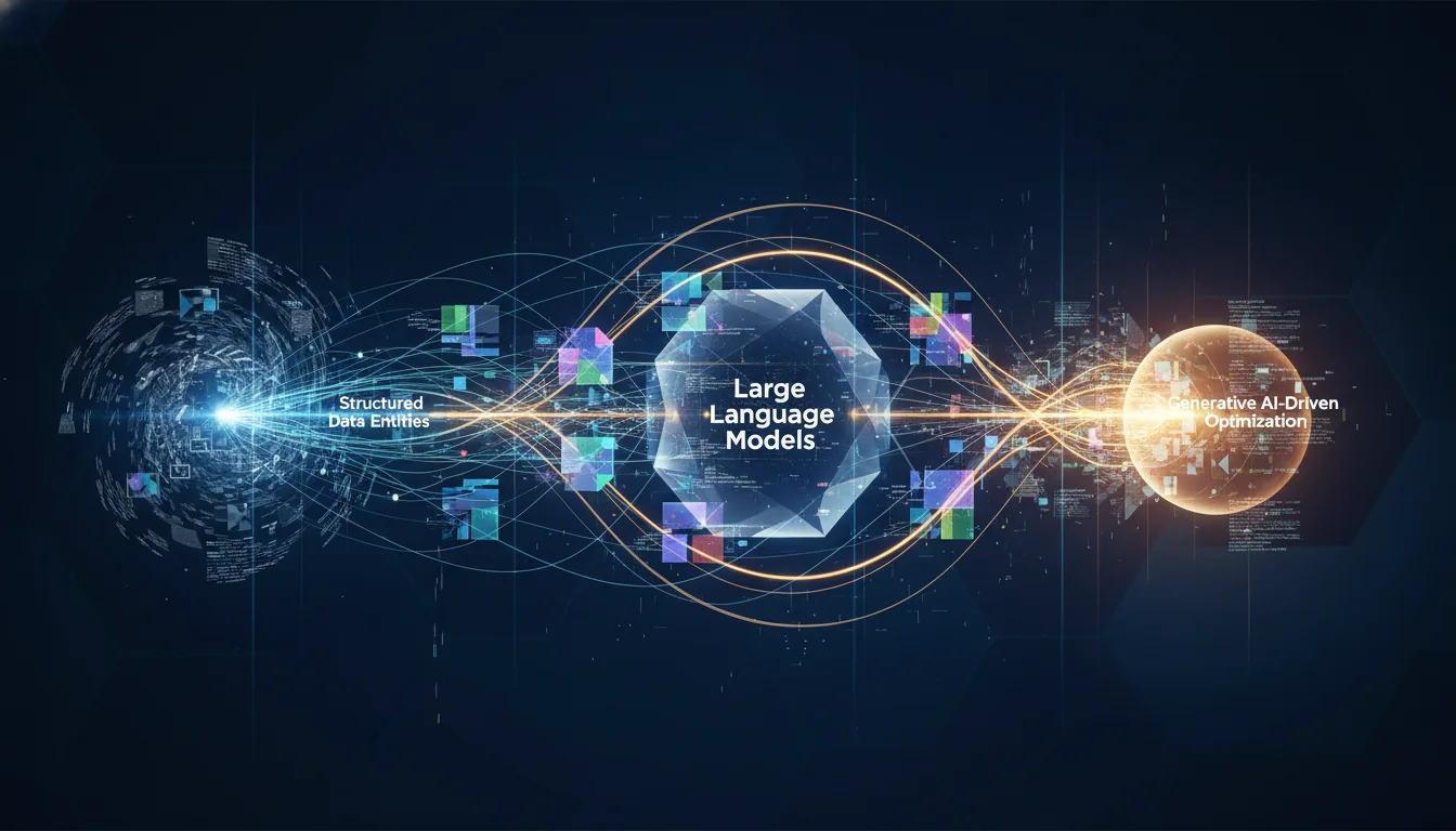 A dynamic, abstract visual representing AI algorithms parsing web content, with glowing lines connecting structured data entities and Large Language Models forming coherent responses. Focus on the transition from traditional search to generative AI-driven optimization, depicting complexity, intelligence, and data flow in a digital realm. Modern, clean aesthetic.
