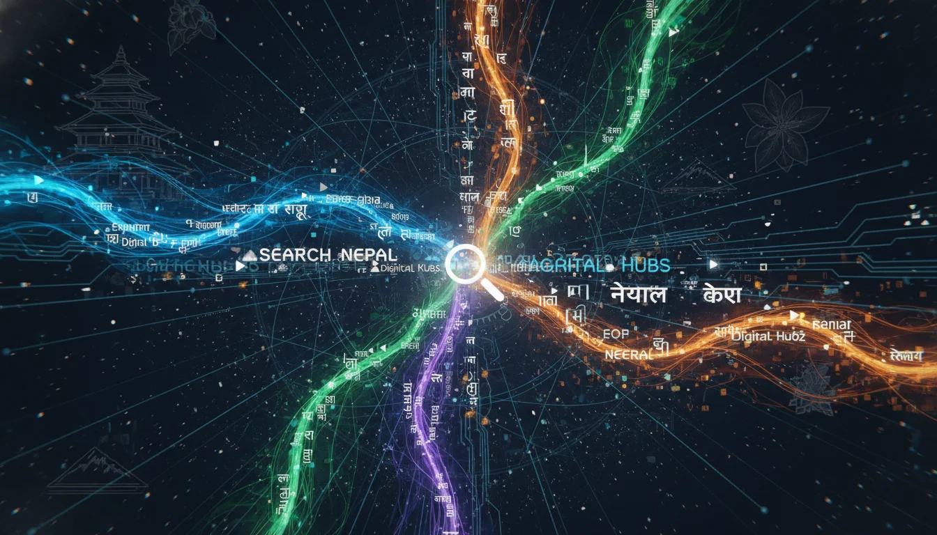 A visual representation of Nepal's trilingual digital landscape, showing English, Devanagari (Nepali script), and Romanized Nepali text flowing and interacting in a dynamic network. Elements should symbolize diverse user bases and the complexity of natural language processing, perhaps with faint outlines of Nepali cultural motifs. Focus on the convergence and fragmentation of these languages in a digital search context. Vibrant, illustrative.