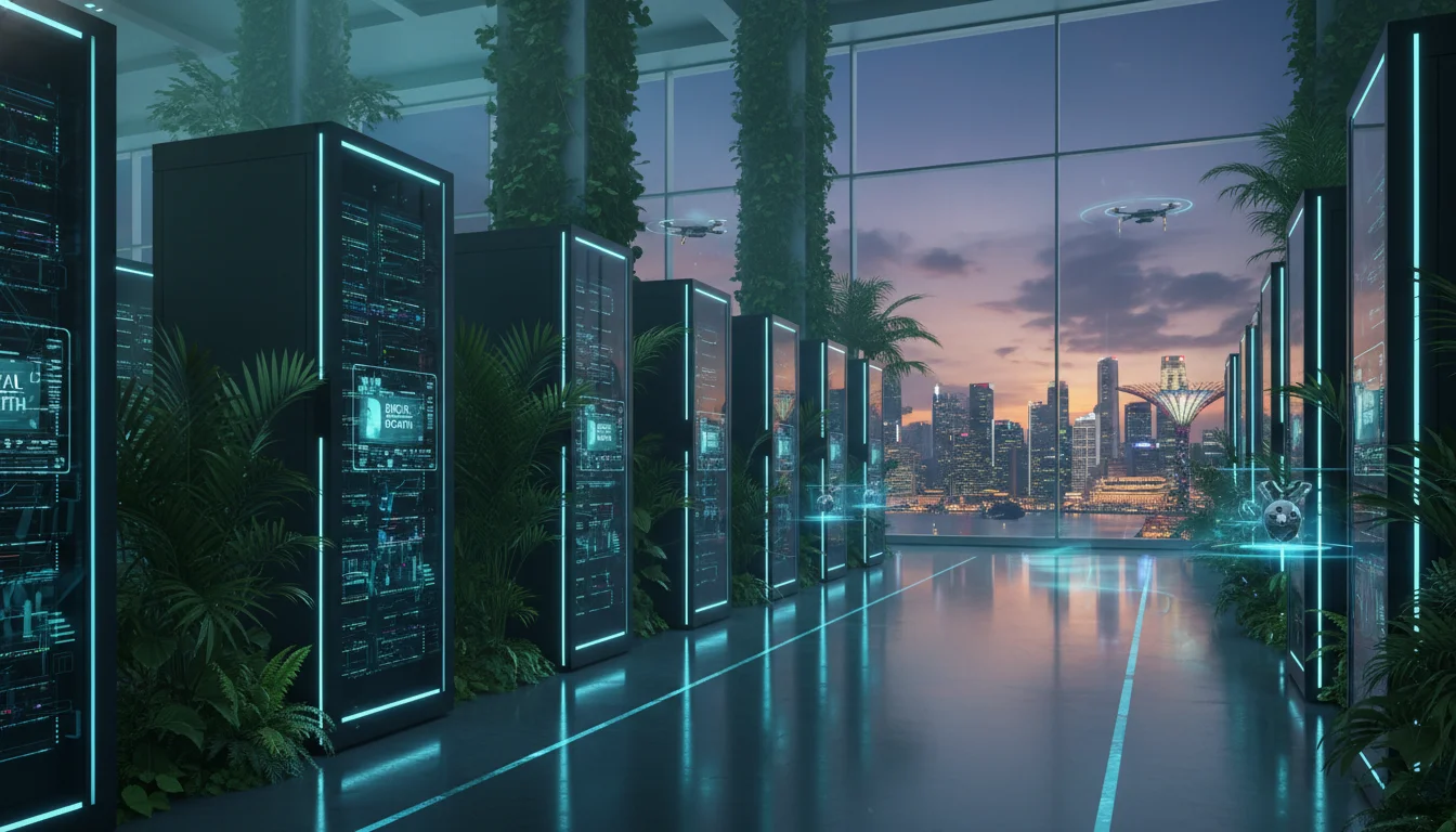 A high-tech, futuristic data center interior in Singapore featuring glowing blue and green lights, integrated with subtle tropical greenery and a backdrop of the iconic Singapore city skyline at twilight. Cinematic lighting, ultra-modern server racks, representing digital growth and eco-friendly technology.