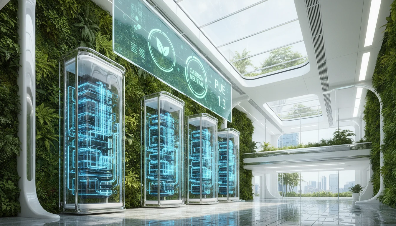 A conceptual visualization of a sustainable 'Green Data Centre' in Singapore, showing server racks integrated with lush, living green walls and transparent cooling pipes filled with neon blue liquid. The background features a digital overlay of carbon neutrality icons and a PUE 1.3 indicator, in a bright, futuristic architectural style.
