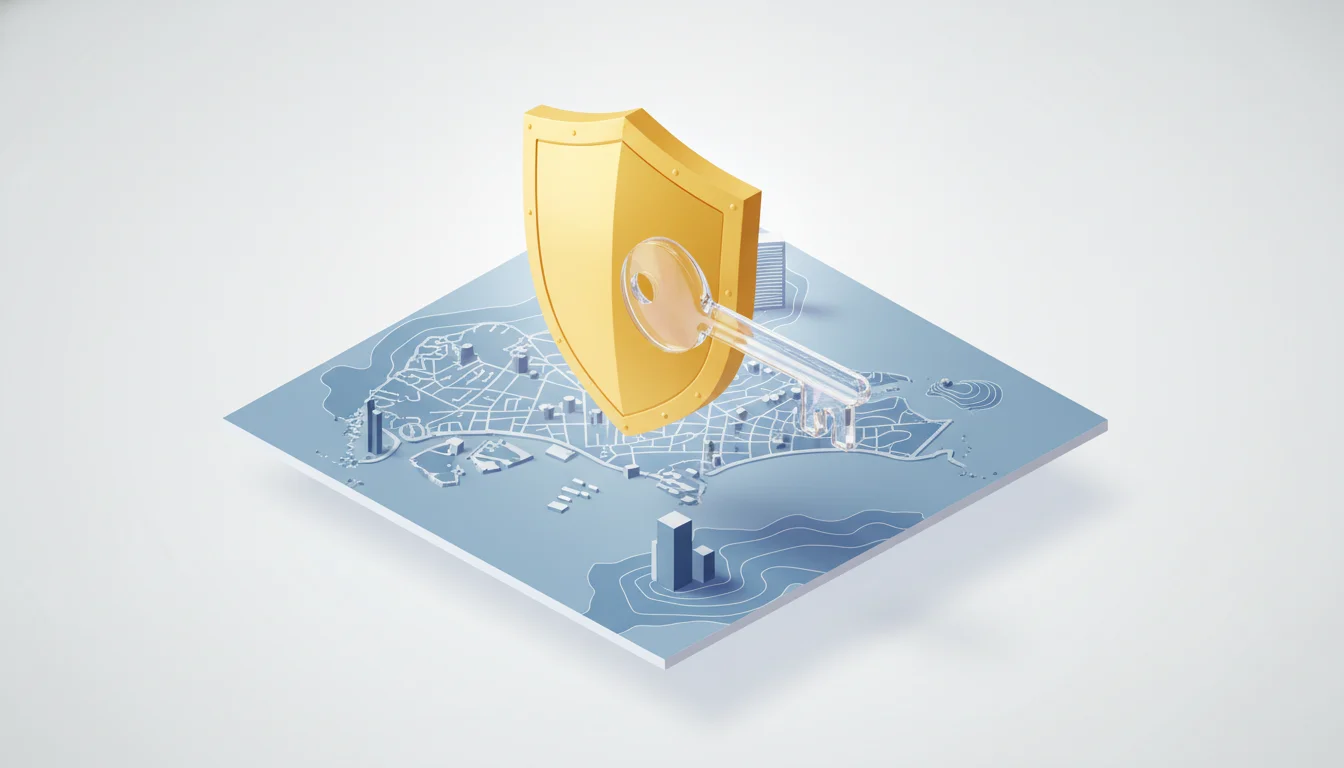 A sophisticated, minimalist 3D isometric illustration of a golden shield interlocked with a translucent glass key, floating above a simplified map of Singapore. The aesthetic is corporate and high-end, representing asset protection and fiduciary trust frameworks.