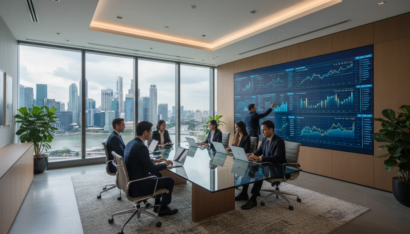 A high-quality digital photo of a modern, luxury office interior in Singapore's financial district. A professional team of wealth managers is sitting at a large glass table with tablets and laptops, analyzing complex financial charts and data on a large wall-mounted screen. Outside the floor-to-ceiling windows, the iconic CBD skyline is sharp and clear.