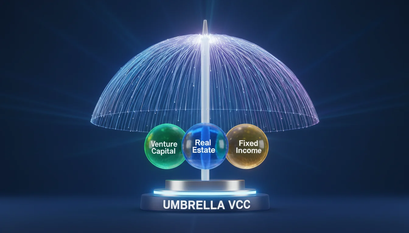 A conceptual 3D illustration of an 'Umbrella' Variable Capital Company (VCC) structure. A stylized, translucent glowing dome (the umbrella) protects several distinct, colored crystal spheres representing different sub-funds like 'Venture Capital', 'Real Estate', and 'Fixed Income'. The background is a clean, corporate dark blue with soft light rays, representing structural integrity and segregation.